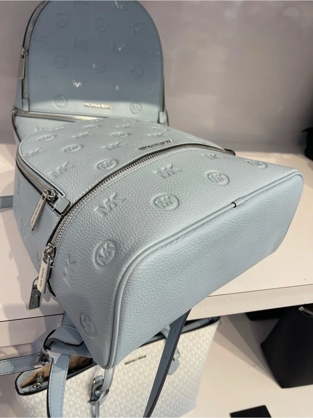 Michael Kors Rhea Medium Zip MK Logo Debossed Backpack Pale Ocean  NWT